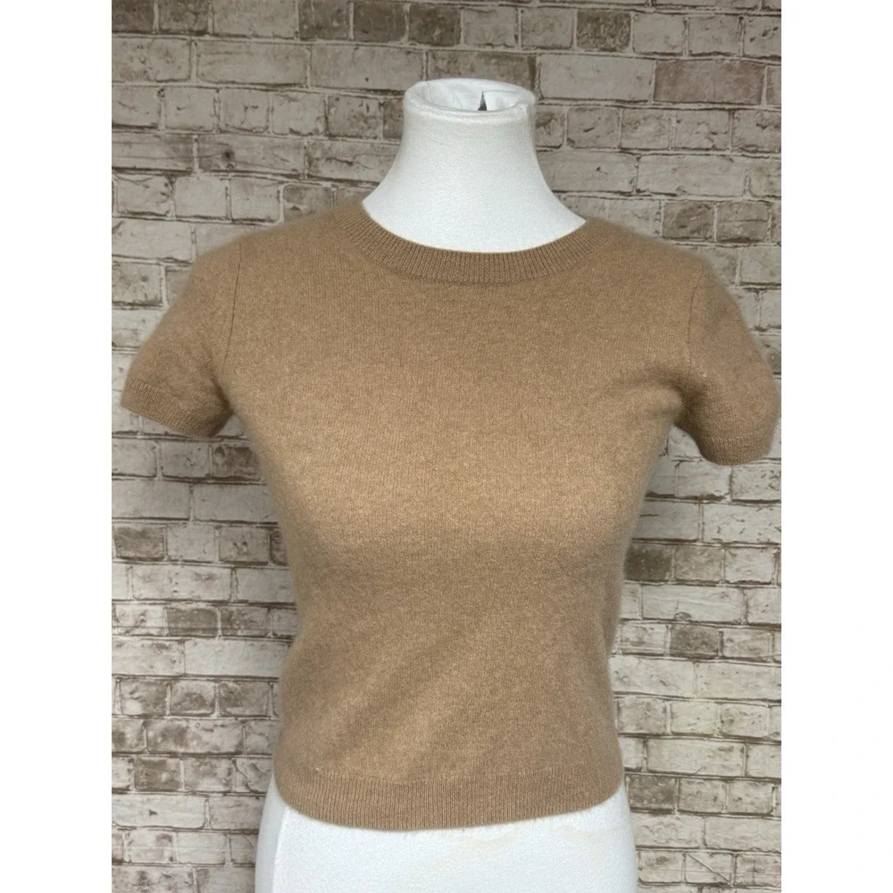 Quince Mongolian Cashmere Short Sleeve Sweater Tee Camel Brown M Medium - Picture 4 of 7